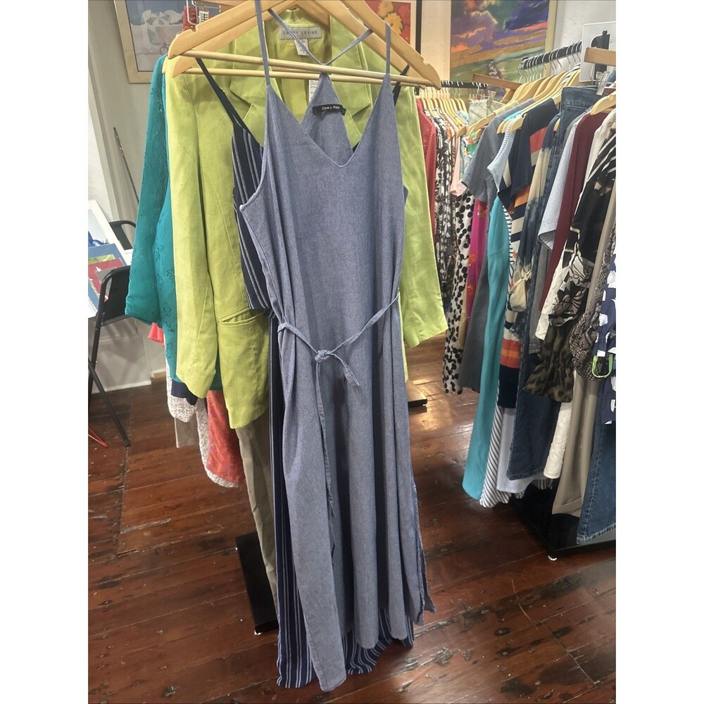 100% Cotton Chambray Sundress Belt Strappy t back Large Denim Blue Beach Summer - Picture 5 of 6
